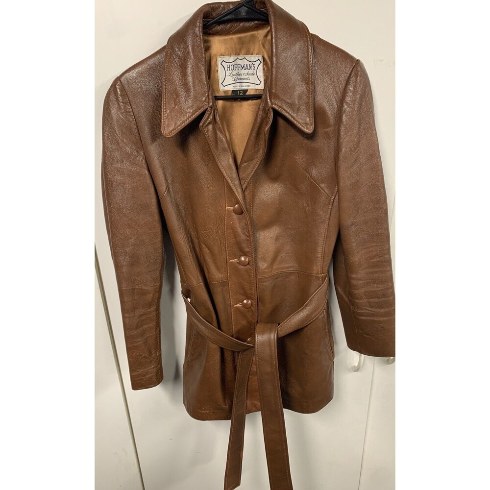 Hoffmans Vintage Brown Leather Satin Lined Womens Belted Jacket 70s Size 12‎